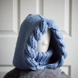 Dusty Blue Knit Balaclava with Neck Warmer – Handmade Winter Hood with Sherpa Option
