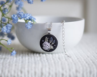 Black Linen Necklace with Embroidered Gray Rose - Romantic Gothic Pendant - Gift for Her