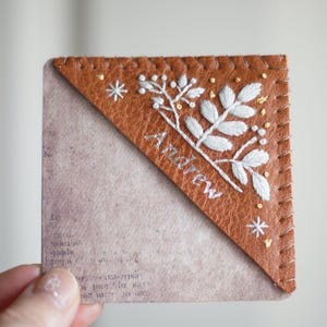 Embroidered Faux Leather Corner Bookmark: Personalized Botanical Gift