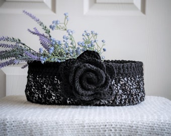 Crocheted Basket with Detachable Bunny Ears or Rose in Black. Handmade Basket Perfect for Home Decor and Housewarming!