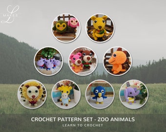 Zoo Amigurumi Crochet Pattern Set - Owls, Kangaroo, Hippo, Bears, Dinosaurs, Lion, Giraffe, Penguin, Elephant