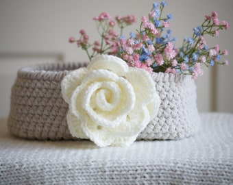 Crocheted Basket with Detachable Bunny Ears or Rose in Beige. Handmade Basket Perfect for Home Decor and Housewarming!