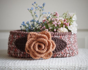 Rustic Crochet Basket with Big Rose – Handmade Storage, Great for Home Decor and Display Too!