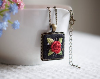 Embroidered Rose Square Pendant with Antique Bronze Chain Necklace, Classic Vintage Style with Red Rose Embroidery on Black Linen