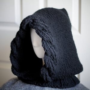 Black Knitted Balaclava - Oversized Winter Hooded Cowl with Sherpa Lining Option and Cable Twist Edging for Ultimate Warmth