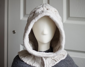 Beige Knit Balaclava Hood – Cable Winter Cowl with Sherpa Fleece Option