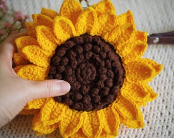 Handcrafted Crochet Sunflower Wristlet Purse with Kiss Clasp - Small Novelty Bag for Essentials