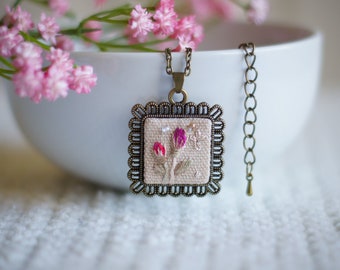 Embroidered Pendant with Rose Buds in Antique Bronze Chain Necklace, Boho Style with Floral Embroidery on Tea-Dyed Linen