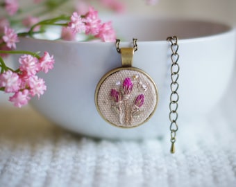 Floral Pendant with Rose Buds in Antique Bronze Chain Necklace, Vintage Style with Embroidery on Tea-Dyed Linen