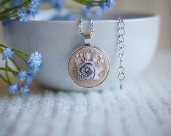 Embroidered Pendant with Gray Rose in Antique Silver Chain Necklace, Vintage Style with Embroidery on Tea-Dyed Linen