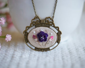 Embroidered Pendant Necklace with Purple Flower and Antique Bronze Chain, Unique Bow Oval Pendant