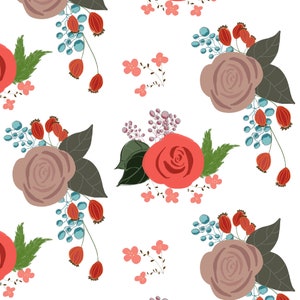 May include: A repeating pattern on a white background featuring illustrations of mauve and coral roses, dark green leaves, clusters of small light blue berries, and stems with orange-red seed pods, interspersed with tiny pink four-petaled flowers.
