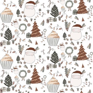 May include: A repeating pattern on a white background featuring watercolor-style illustrations of Santa Claus faces, brown Christmas trees, green wreaths, cupcakes, gift boxes, holly leaves, candy canes, and string lights in muted tones.