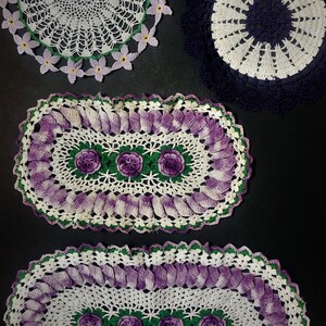 Vintage Handmade Crochet Doilies: Purple, White, Ecru - Set of 6
