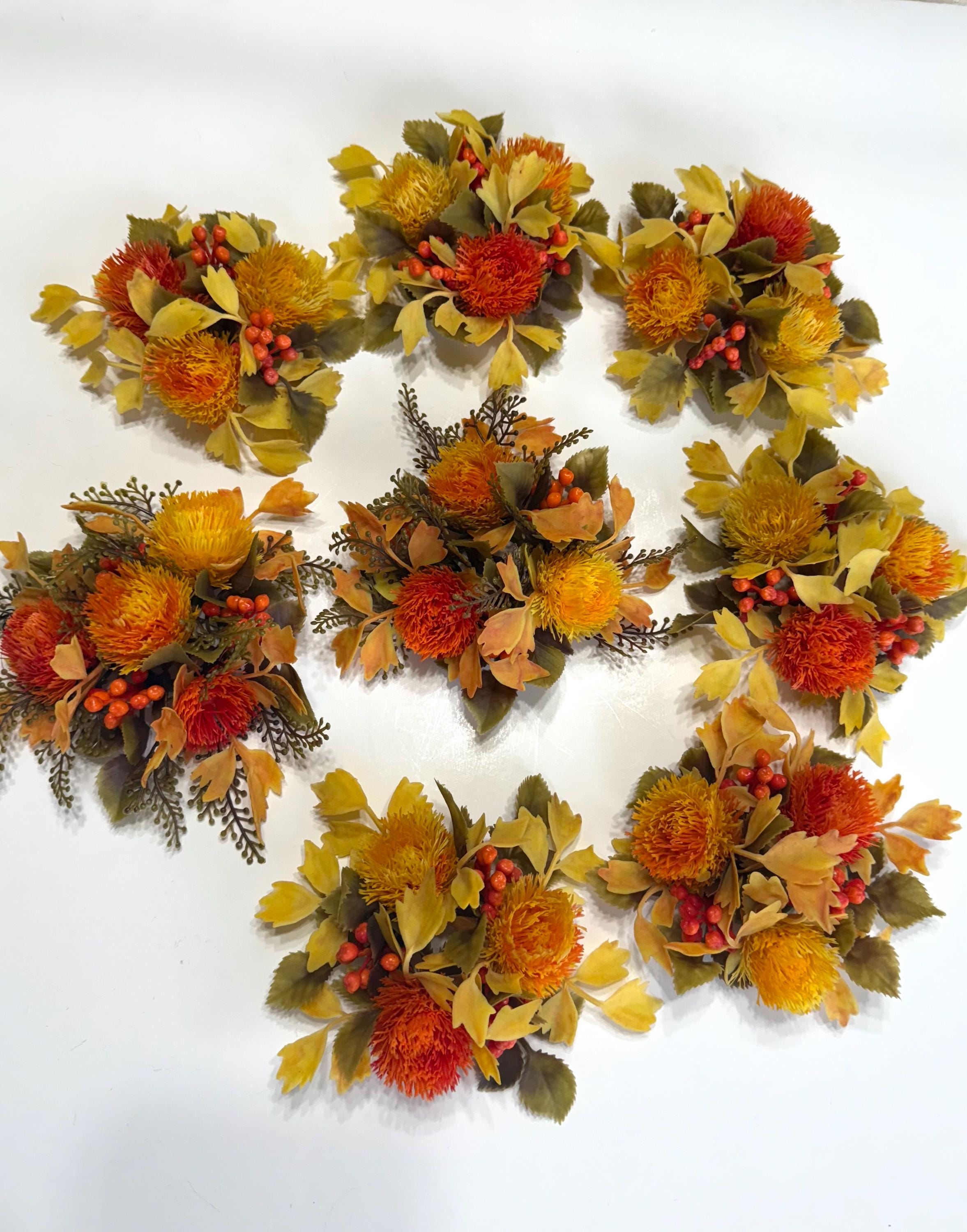8 Vintage 1970s Plastic Orange Flower Candle Rings, Vintage Candle Ring, Midcentury Wedding Decor, Midcentury Thanksgiving, Vintage Wreath