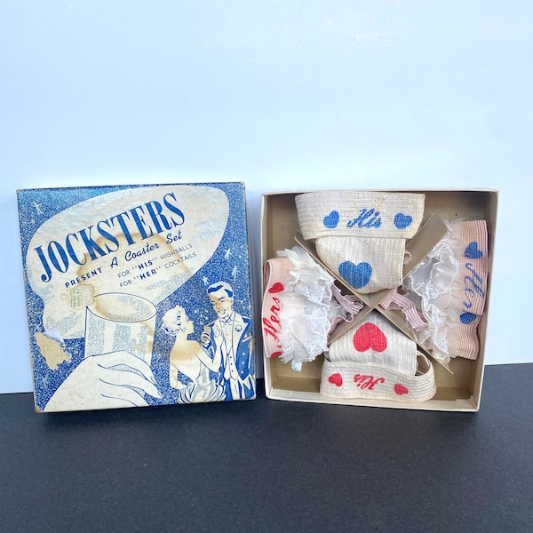 Vintage 1950s Jocksters Coaster Set, His and Hers Coaster Set, Gag Gift, Midcentury Barware, Vintage Wedding, Humorous Gifts, Atomic Era