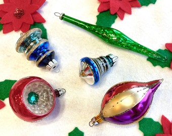 Lot of Five/ 1950s Vintage Glass Christmas Ornaments, Radko for Shiny Brite, Japan/Poland Ornaments, UFO Atomic Ornaments/Read Description