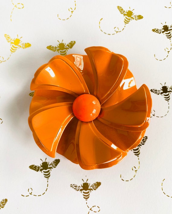 1960s Orange Enameled Flower Brooch, 60s Orange Fl