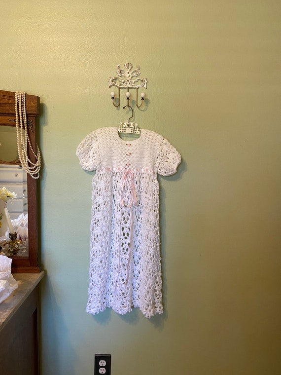 Vintage 70s Girls Handmade White Crochet Dress/Ha… - image 10