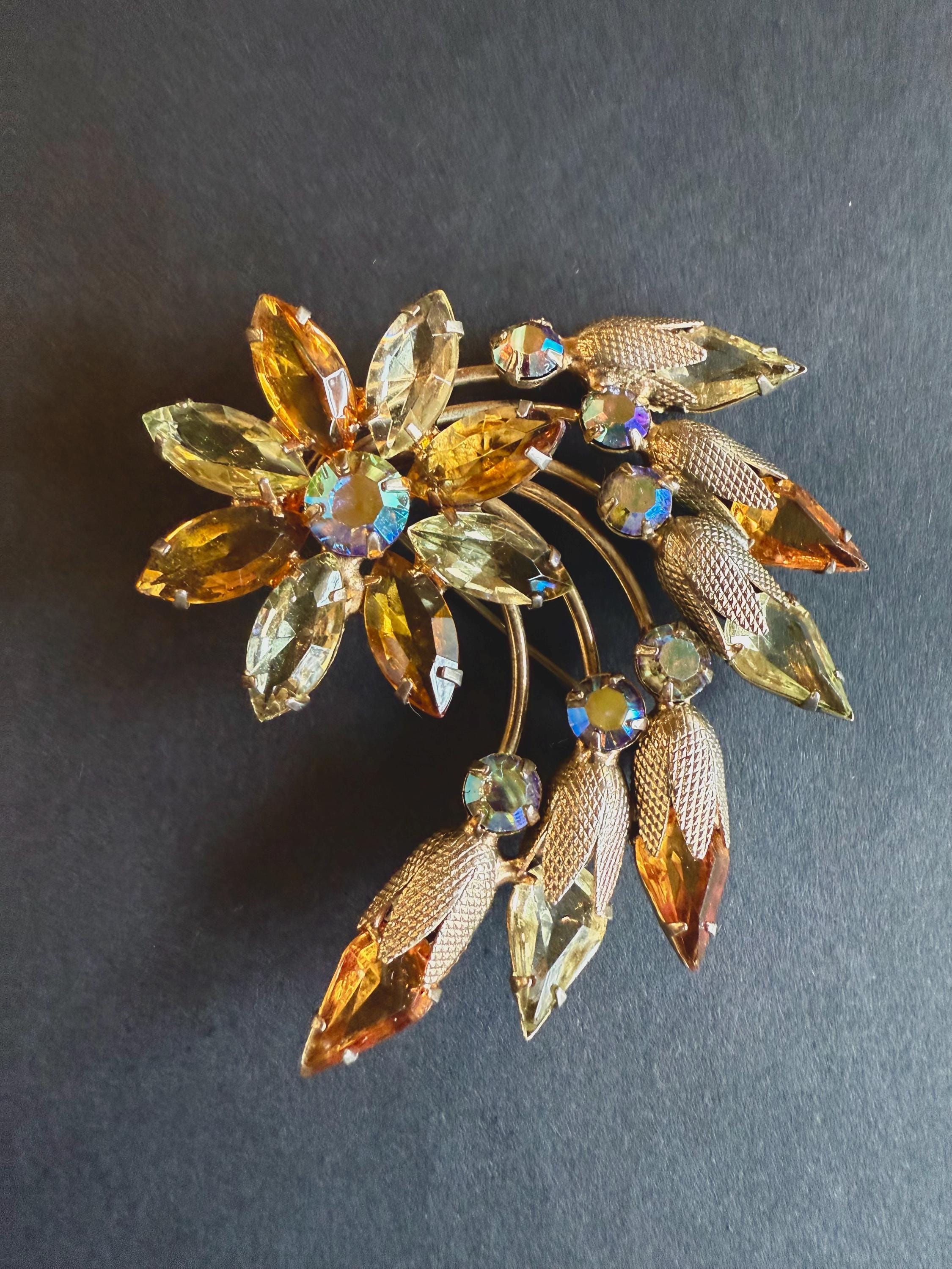 Juliana D & E Topaz Floral Brooch, Vintage Iridescent Rhinestone Jewelry, Midcentury Brooches