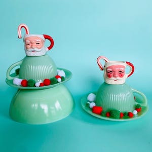 Two 1950s Mini Winking Santa Mugs, Miniature Santa Mugs, Midcentury Holidays, Novelty Nostalgic Christmas