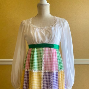 1970s Emma Domb, California /Gingham Patchwork Maxi Dress, XXS, Pioneer Prairie, Hippie Boho, Vintage Gowns, Vintage Party Dress, Rural Chic