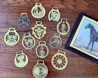 May include: A collection of twelve brass horse brasses featuring various embossed designs including Harlech Castle, Macclesfield Canal, and Staffs & Worcs Canal, alongside a framed print of a black horse in a dark wooden frame with gold trim.