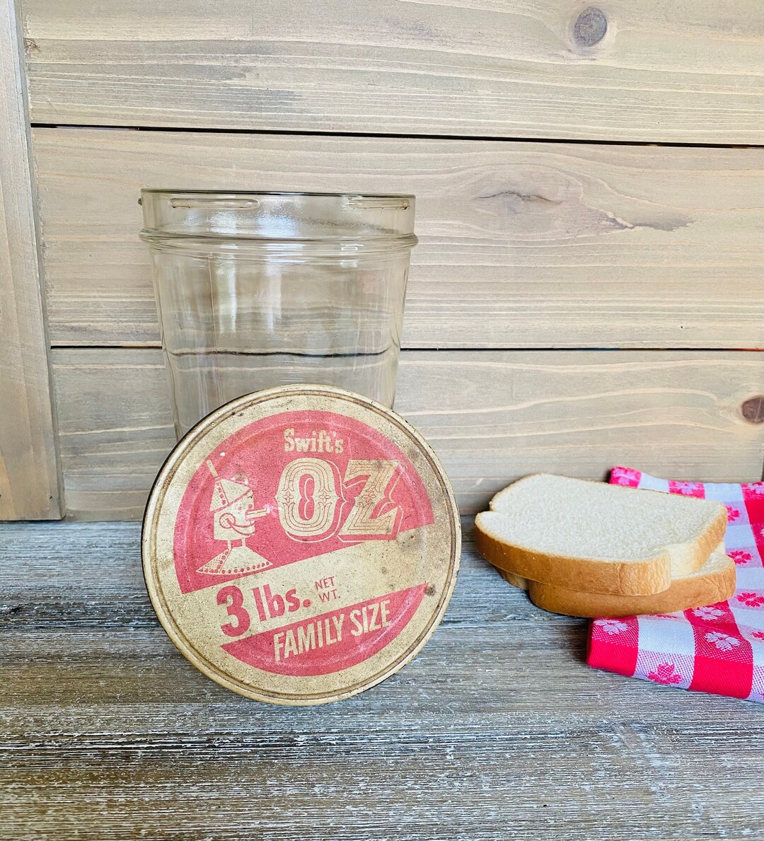 Vintage 50s60s Swift's OZ Peanut Butter Jar 3 Lb. Family Size, Tin Man