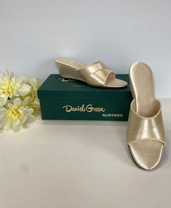 1960s Satin Champagne House Slippers, Vintage Hous