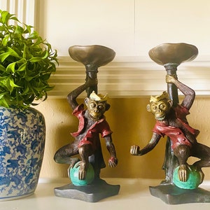 Vintage Bronze Monkey Bellhop Candleholders, Butler Monkey Candle Holders, Eclectic Home Interiors, Tropical Home Decor