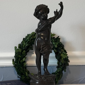 Antique Inscribed Victor Rousseau Bronze Cherub Sculpture, 15", Putti/Putto Cherub, Cupid, Renaissance Era, Angel Statue, Cherub Figurine