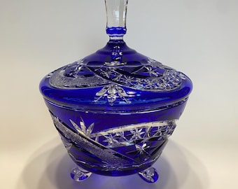 Bohemian Cobalt Cut to Clear Crystal Bowl: Footed Candy Dish