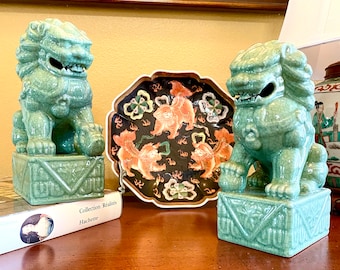Pair Mid 20th Century Green Porcelain/ Foo Dogs, Shi Lions, 7 1/2&quot;, Temple Lion, Good Luck Statues, Guardian Statue, Grand Millennial
