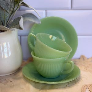 Set of Two Vintage/ Anchor Hocking/ Fire King Jadeite Jane Ray Teacup and Saucer, 1950s Jadeite Kitchenware, Retro Kitchen Decor