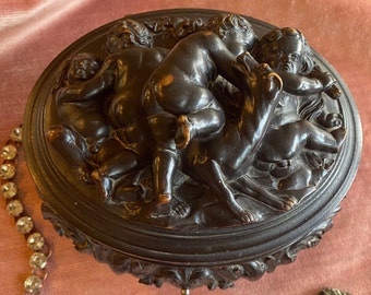 Rare/ 1800s French Antique &quot;Bois Durci&quot; Victorian Jewelry Box, Art Nouveau/Rococo, Putto Cherub, Silk Tufted Jewelry Casket, Putti Angel