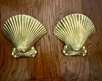 Pair Brass Seashell Wall Pocket, Brass Planter, Brass Nautical Decor, Coastal Home Decor