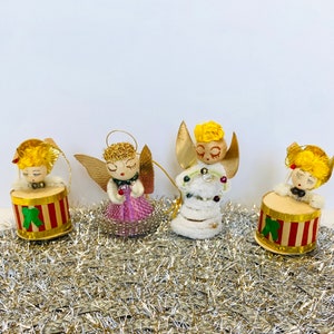 Four Vintage/1950s Shiny Brite Angel Ornaments, Shiny Brite Cotton Spun Ornaments, Japan Ornaments, Retro Kitsch, Foil Angels