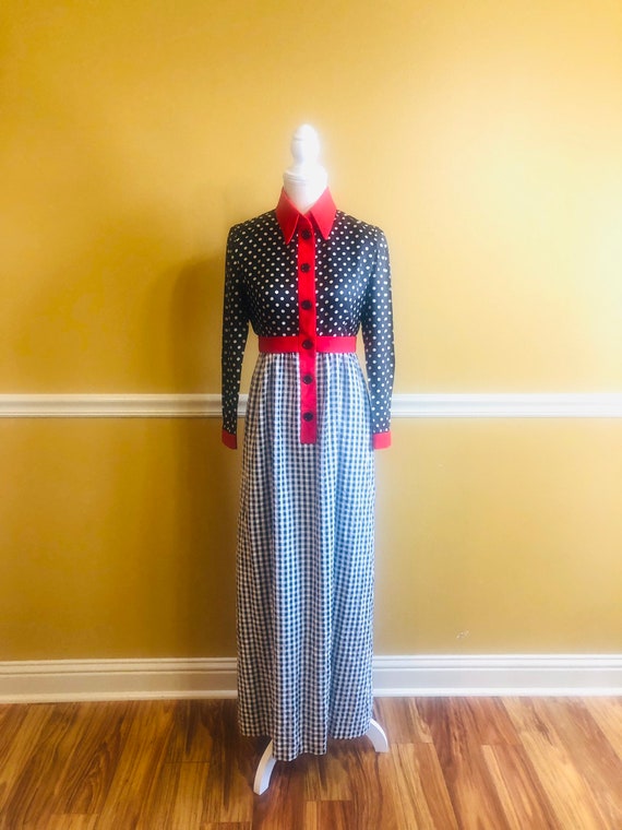 1960s-1970s Vintage Maxi Dress, Polka Dot/Plaid D… - image 1