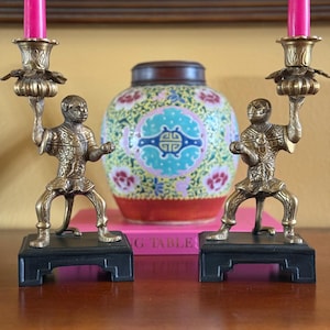 Vtg Pair Bronze Monkey Candleholders, Bellhop Monkey, Butler Monkey Candle Holders, Eclectic Interiors, Tropical Home Decor, Novelty Monkeys