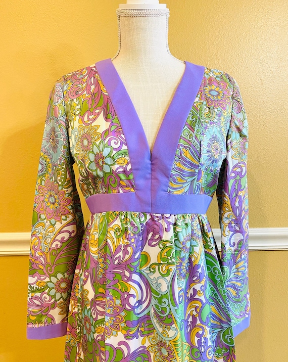 70s Psychedelic Maxi Dress /XS/ Retro Party, Funk… - image 1