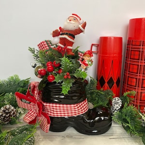 12&quot;/Vintage Christmas Santa Boot Planter, Vintage Santa Decorated Santa Boot, Mid Century Christmas Decorations