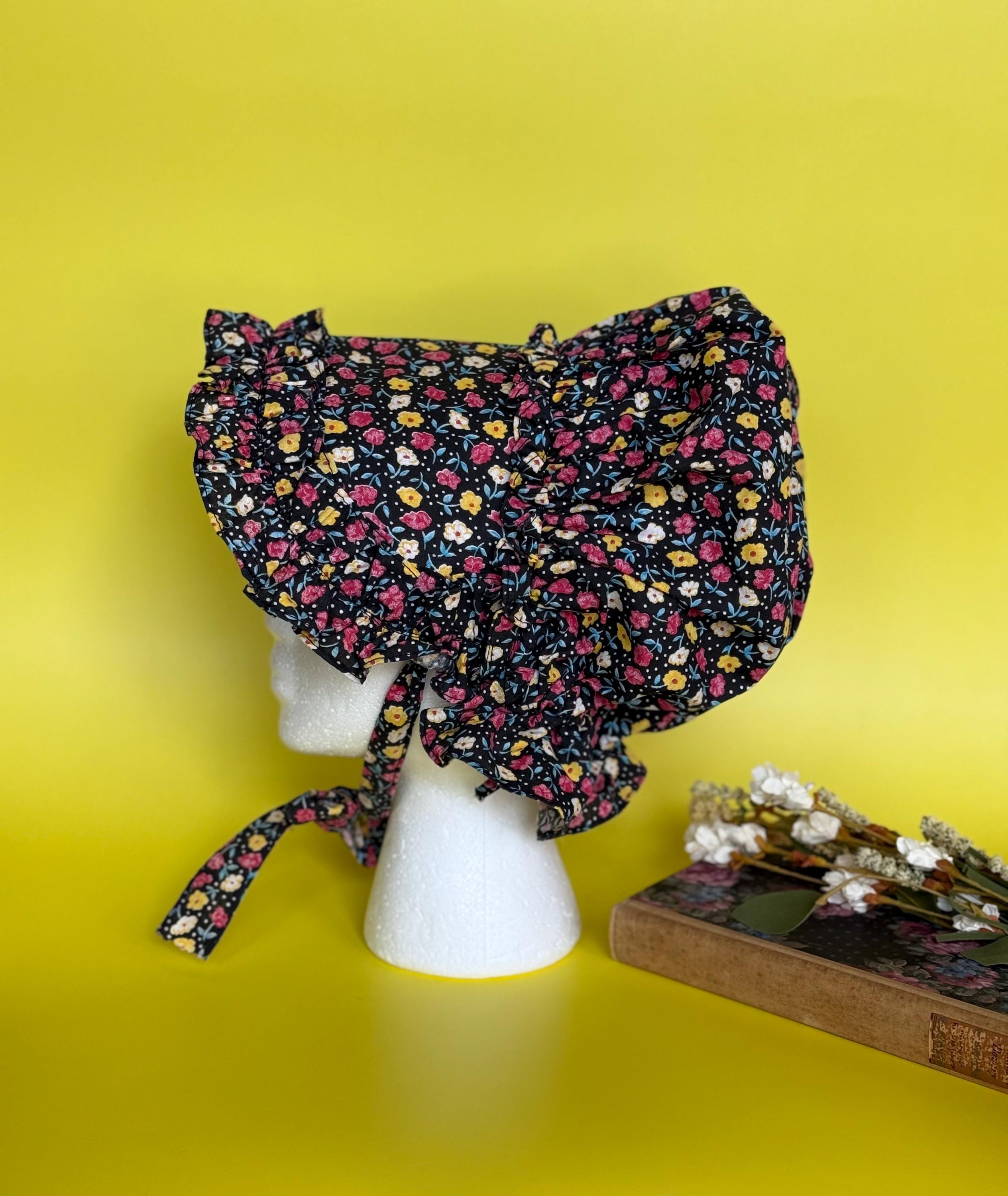 Vintage Boho petit floral cotton bonnett Victorian Bonnet, Pink Beige Green, With Flowers and Ribbons  main image 4