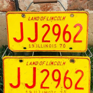 Vintage 1970 Illinois License Plates: Land of Lincoln, Yellow & Red Set