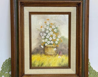 Vintage Still Life Daisy Oil Painting: Signed Sebastian Durr, Framed MCM Wall Art