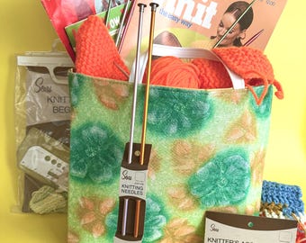 Vintage Knitting Craft Bag with Beginner's Manual & Accessories