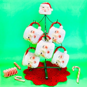 Rare 1950s Enesco Winking Santa Mugs with Folding Stand, Japan Christmas