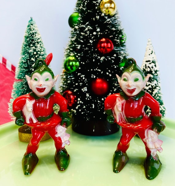 Vintage Rosbro Celluloid Christmas Elf Ornaments: Hard Plastic