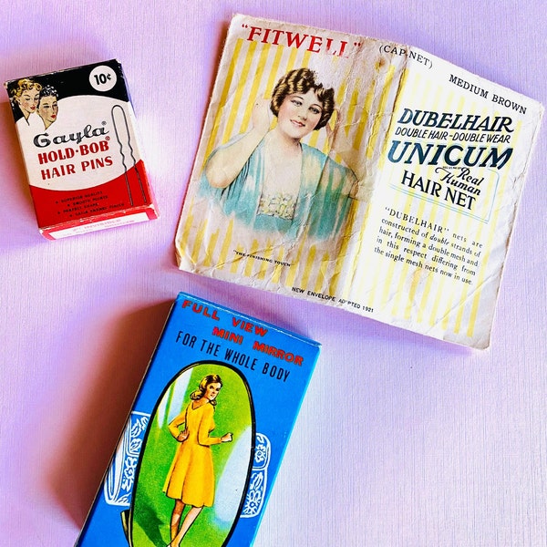 Lot/ Vintage 1920s - 60s Hair/ Accessories, Whole Body Small Mirror, 50s Box Gayla Bobby Pins/ Full, Fitwell Hair Net Pack/ Empty