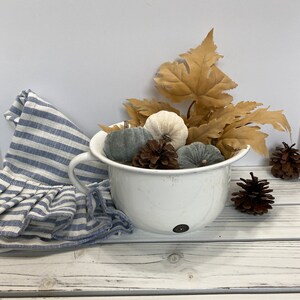 May include: A white ceramic pitcher with a handle, filled with small velvet pumpkins in shades of gray and white. The pitcher is sitting on a whitewashed wooden surface with a blue and white striped fabric next to it. There are also brown pine cones scattered around the pitcher.