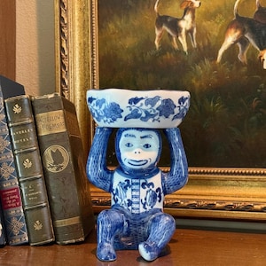 Blue and White Chinoiserie Monkey Bowl, Pedestal Bowl, Tropical Home Decor, Grand Millennial, Colonial Decor